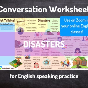 DISASTERS conversation worksheet for online English / ESL classes. Designed to use on Zoom. Engaging and interactive. Discussion questions.