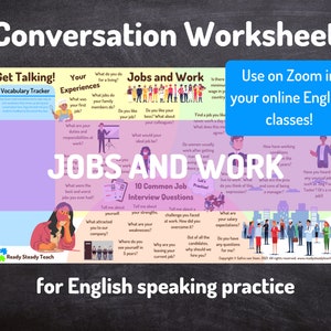 JOBS and WORK conversation worksheet for online English / ESL classes. Designed for Zoom. Engaging, interactive. Discussion questions.