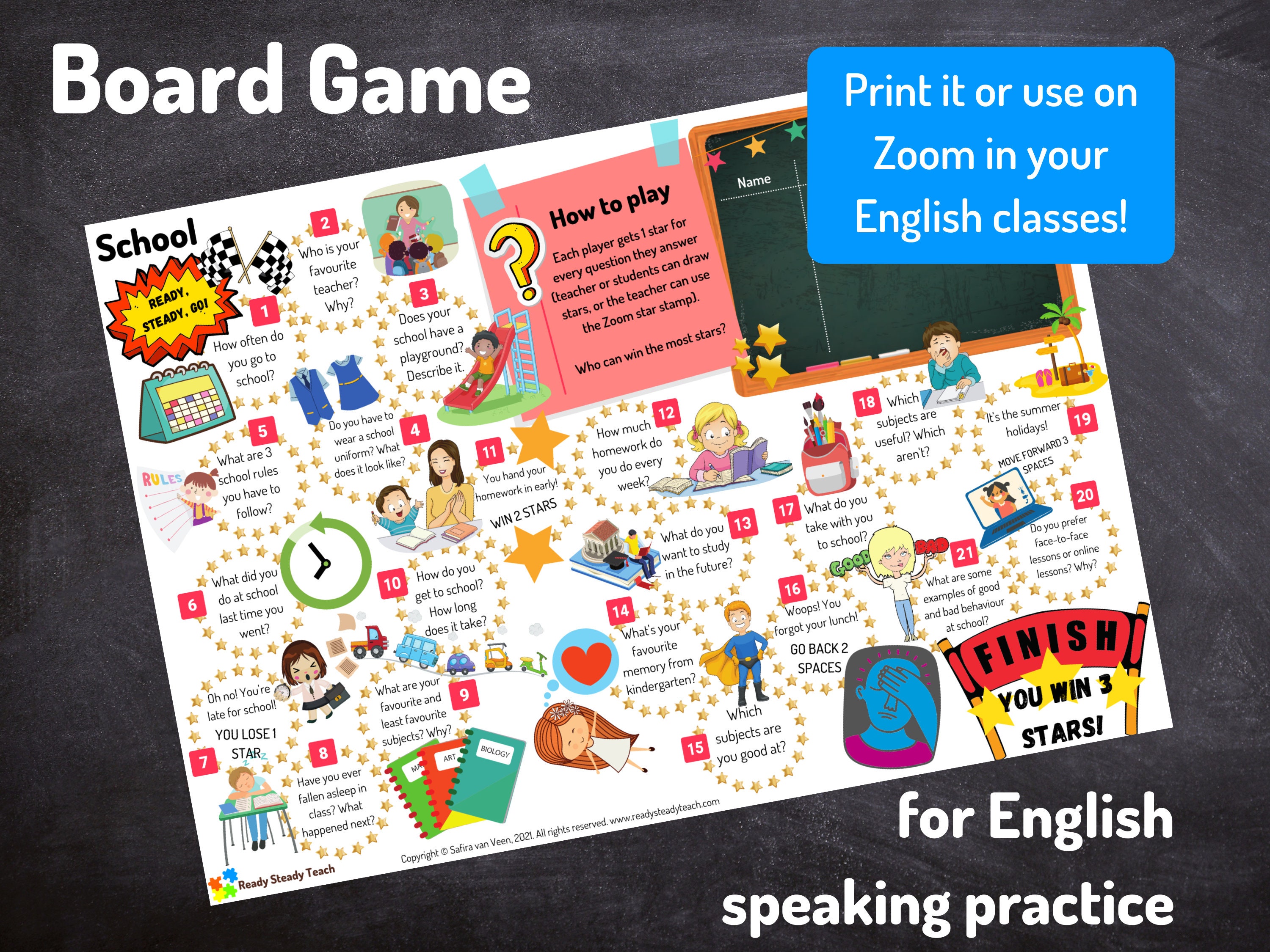 SCHOOL Board Game for English / ESL / TEFL Classes. Play on 