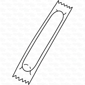 Könnte beinhalten: Schwarz-Weiß-Illustration eines langen, rechteckigen Objekts mit abgerundeter Mitte. Das Objekt hat an beiden Enden einen gezackten Rand und ein einfaches, cartoonartiges Gesicht unten.