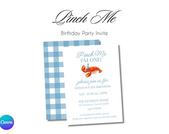 May include: A birthday party invitation with the text "Pinch Me" in elegant script. The invite features a watercolor illustration of a lobster wearing a party hat. The design includes a blue gingham pattern and event details.