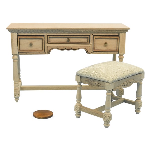 Miniature dollhouse furniture unfinished vanity desk with stool- -code VMJ1108