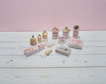 Miniature dollhouse toiletries items "Pink" fragrance - 1/12 scale