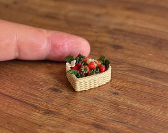 Finished 1/12 scale dollhouse miniature heart shaped wicker look basket strawberry realistic clay food decor