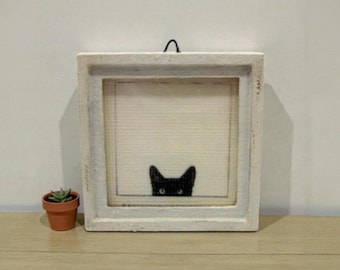 Dollhouse miniature shabby chic "Black cat" picture with wooden frame - 1/12 scale