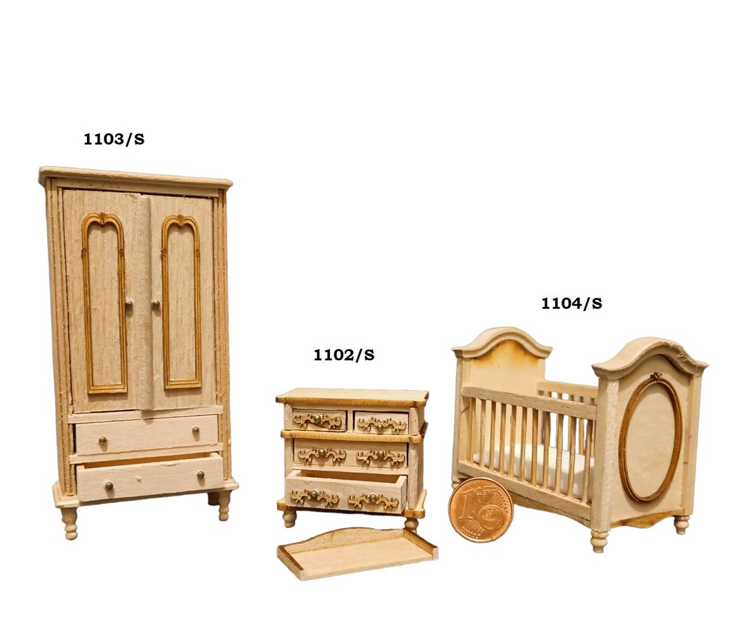 Miniature Dollhouse Unfinished Furniture 3 Pcs Set Baby Room in Half