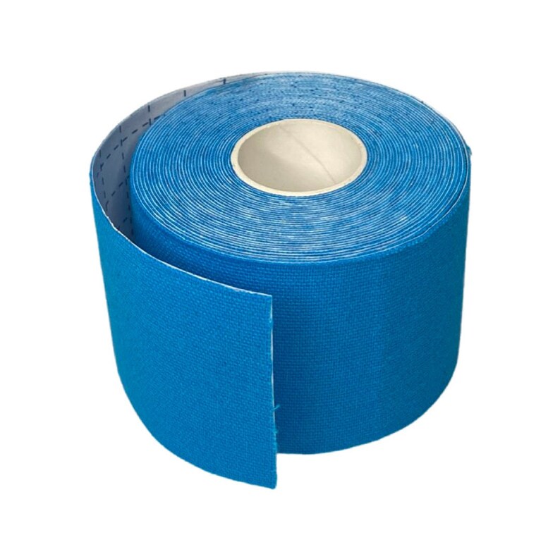Puede incluir: Un rollo de cinta adhesiva azul para atletas, parcialmente desenrollado, con un n&uacute;cleo blanco.