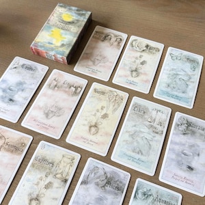 May include: A deck of astrology cards with a watercolor design. The box reads "Astrology" with a sun and moon illustration. Each card features a zodiac sign, with illustrations and text. The cards are laid out on a wooden surface.