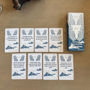 May include: A deck of "Messages from Heaven Oracle" cards with a blue and white design. Each card features a message and angel wing illustrations. The card box is also visible, displaying the title and angel wings.