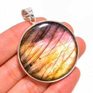 Gorgeous Top Grade Quality 100% Natural Labradorite Round Shape Ethnic Style Handmade Jewelry 925 Sterling Silver Pendant 2&quot; 28.1 gms. TJ-12