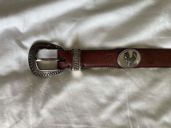 Vintage Brown Leather Belt With Silver Buckle & Deer Details  display picture 1