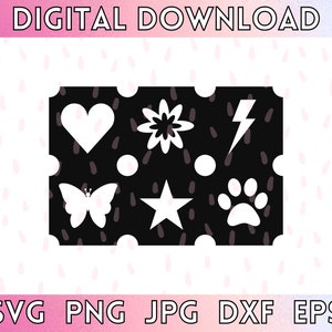 May include: Black and white digital download design featuring a heart, flower, lightning bolt, butterfly, star, and paw print.  The design is perfect for crafting projects, scrapbooking, and more.