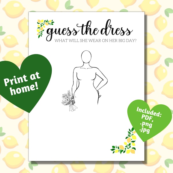 Lemon themed plus size Guess the Dress printable, curvy girl bridal shower game, bachelorette party game to print at home, digital download