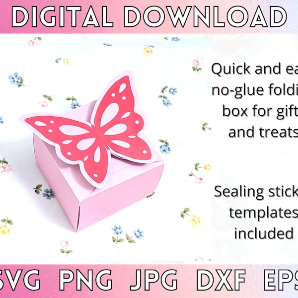 Butterfly box SVG file, folding box template, no glue, Cricut Silhouette project for loot bags, gift wrap, treats, packaging, DIY stickers