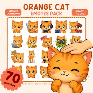 Op de afbeelding: Een digitale collectie van oranje kat-emotes met diverse uitdrukkingen en acties, waaronder het vasthouden van een zwaard, gamen, het gebruik van een laptop en tekst zoals YES, NO, TOXIC, GG en BRB. Een grote illustratie van een kat is inbegrepen.