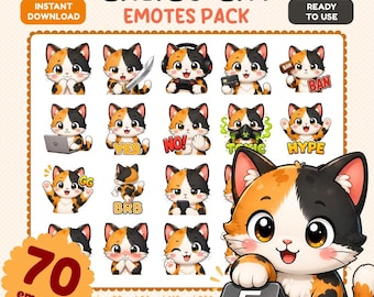May include: A digital download featuring a collection of 70 calico cat emotes. Each emote showcases a different expression or action, such as holding a sword, wearing headphones, or displaying text like "YES" and "NO". The emotes are designed for online use.
