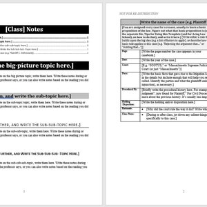 Image of a two page template for a Microsoft Word case brief. Shows a table of the contents and an outline on the left. The right side has a template for a law school case brief.