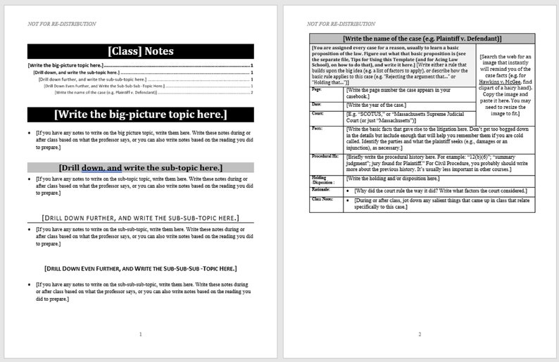Image of a two page template for a Microsoft Word case brief. Shows a table of the contents and an outline on the left. The right side has a template for a law school case brief.