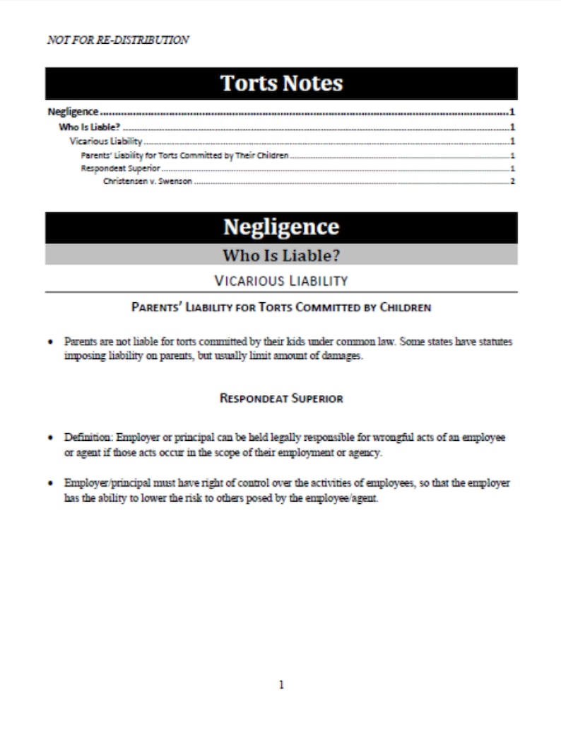 Sample table of contents for a law students notes for a torts class, using the template. It says Torts Notes, Negligence, Who Is Liable, Vicarious Liability. Parents Liability for Torts Committed by Children. Under that it says Respondeat Superior