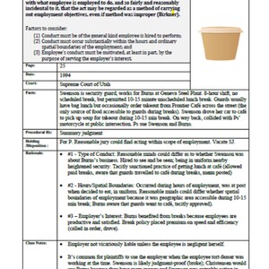 Sample law school case brief for a 1L torts case. Features a clip art image of a take out container because the case is about a defendant employee who injures the plaintiff while on a break from working for her co defendant employer.