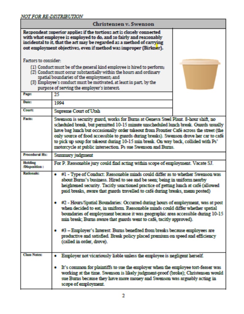 Sample law school case brief for a 1L torts case. Features a clip art image of a take out container because the case is about a defendant employee who injures the plaintiff while on a break from working for her co defendant employer.