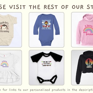 May include: A collection of six different baby onesies and hoodies with various designs and text. The onesies feature designs of a monkey, a plane, a ladybug, and a rainbow. The hoodies feature a rainbow and a silhouette of a person with a child.