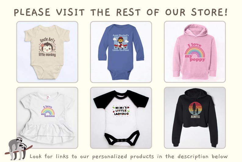 May include: A collection of six different baby onesies and hoodies with various designs and text. The onesies feature designs of a monkey, a plane, a ladybug, and a rainbow. The hoodies feature a rainbow and a silhouette of a person with a child.