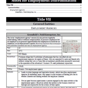 Case brief using template for employment discrimination class. Notes for employment discrimination, Title 7, covered entities, employment agencies, and casebrief for Greenfield v Field Enterprises Inc with picture of a newspaper classifieds section.