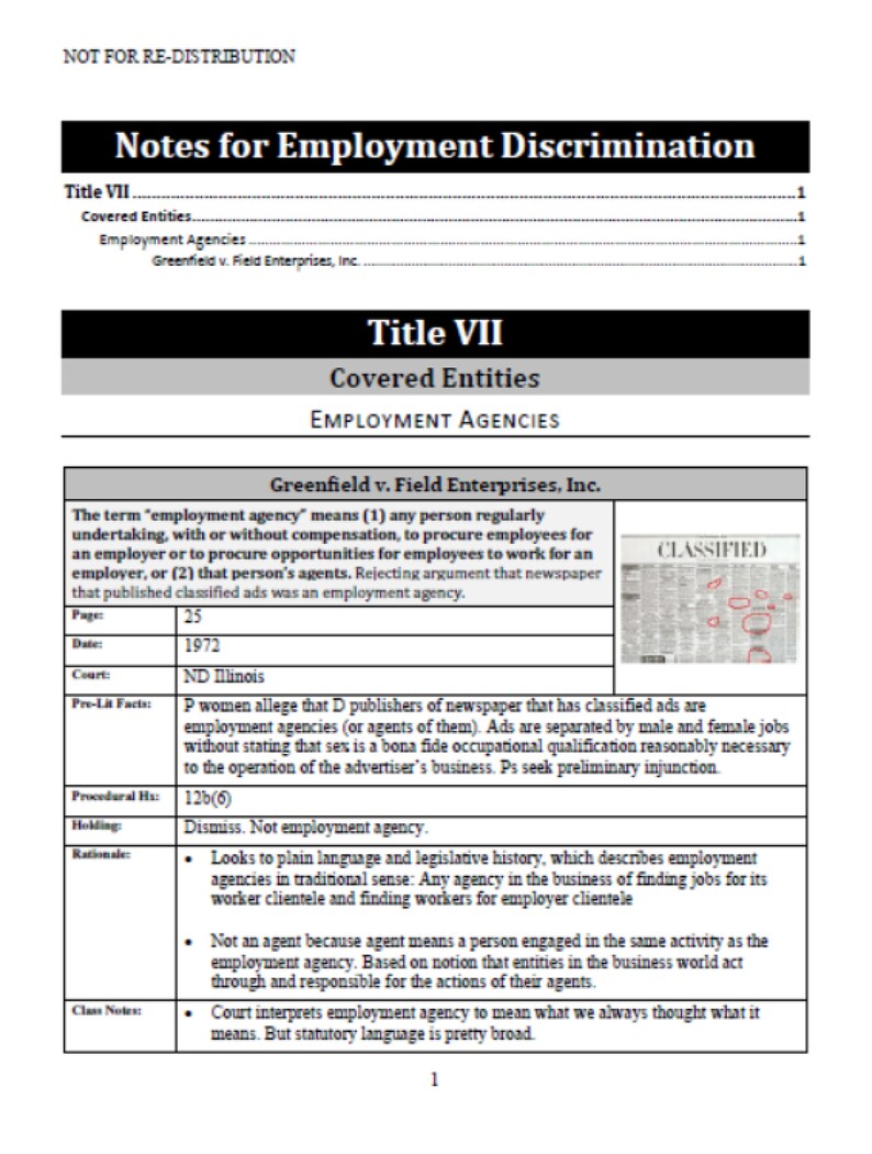 Case brief using template for employment discrimination class. Notes for employment discrimination, Title 7, covered entities, employment agencies, and casebrief for Greenfield v Field Enterprises Inc with picture of a newspaper classifieds section.