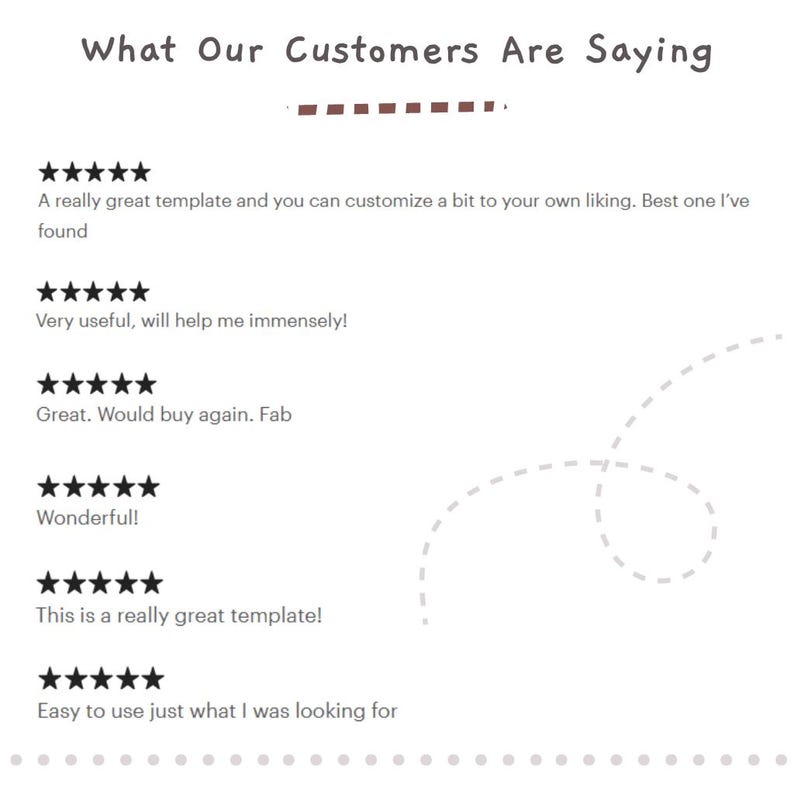 May include: Five-star customer reviews for a product. The reviews highlight the product's ease of use, customization options, and overall quality. The text reads: "A really great template and you can customize a bit to your own liking. Best one I've found." "Very useful, will help me immensely!" "Great. Would buy again. Fab" "Wonderful!" "This is a really great template!" "Easy to use just what I was looking for."
