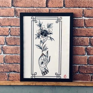 Printable Tibetan art, digital download, mudra and peony art decor, Oriental wall decor, Yoga and meditation  art print, Mudras artwork