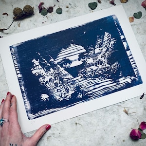 Original Woodcut engraving limited edition  (Wooden matrix), Woodcut woodblock original limited edition print  1/9 PURPLE/BLUE EDITION