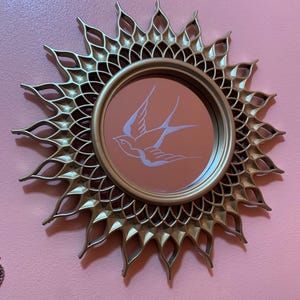Engraved mirror, hand Engraved Mirror With swallow Design, Traditional Tattoo Inspired Art, Traditional Tattoo Decor, tattoo Art