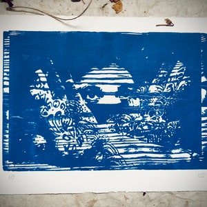 Original Woodcut engraving limited edition  (Wooden matrix), Woodcut woodblock original limited edition print  1/9 BLUE EDITION