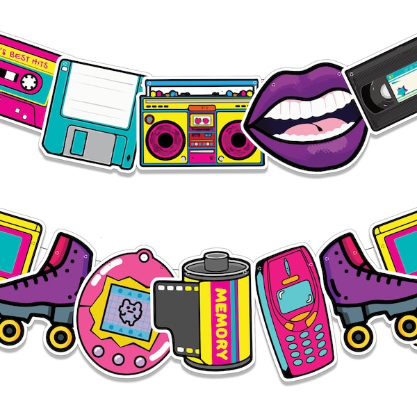 Instant Download- 90s Party Banner- Retro Birthday Decorations- Throwback DIY Clipart Banner- 90s Themed PRINTABLE