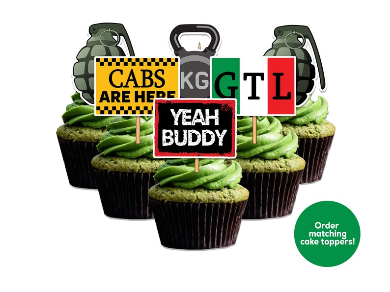 May include: Six green cupcakes with different themed toppers. The toppers include a yellow sign that says "Cabs Are Here", a red sign that says "Yeah Buddy", a green, white, and red flag that says "GTL", a black and white weight with "KG" on it, and two green hand grenades.