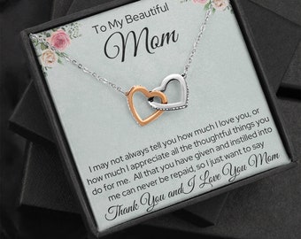 Gift for Mom, Thank You and I love You Mom, Interlocking Hearts Necklace, Womens Jewelry, Mothers Day Gift, Birthday Gift, Christmas Gift