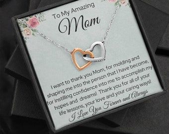 Gift for Mom, Necklace, Interlocking Hearts Necklace, Womens Jewelry, Mothers Day Gift, Birthday, Christmas, Thank You for Your Caring Ways