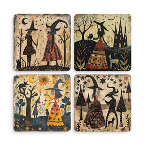 Witch Folk Art Coasters, Witchy Gifts, Wicca, Pack of 4 Coffee Coasters, Pagan Gifts, Wiccan Drinks Mats, Folk Horror Art, Witchcraft Gifts