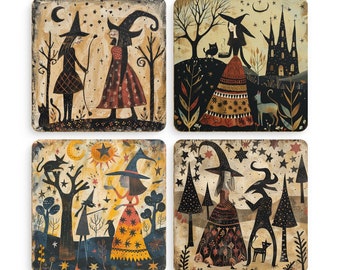 Witch Folk Art Coasters: Whimsical Wiccan Drinks Mats (Pack of 4)