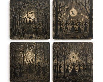 Witch Coasters: 18th Century Woodcut Dancing Witches, Set of 4