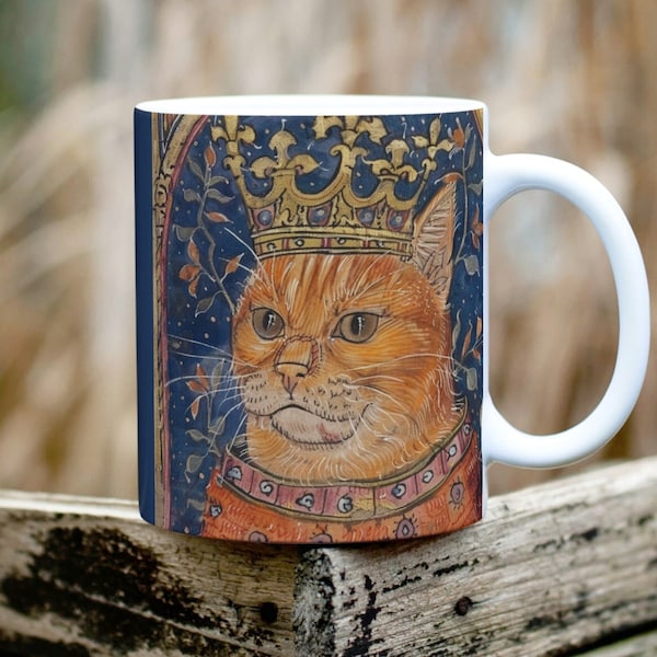 Cat Mug, Medieval Manuscript, Cat with Crown, Borderless Mug, Witchy Gifts, Gothic Gifts, Illuminated Manuscript, Cat Gifts, Primitive Cats