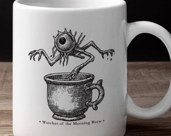 Watcher of the Morning Brew Mug – Medieval Woodcut Monster Coffee Cup – Weird Gothic Gift