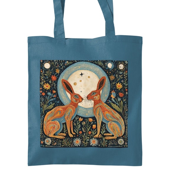 Hare Tote Bag, Hare Gifts, Hare Shopper Bag, Moongazing Hares, Hare Lover, Witchy Gifts, Spiritual, Folk Art Decor, Folk Hares, Goddess