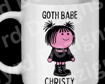 Personalized Goth Babe Mug or Coaster – Cartoon Girl, Gift for Her