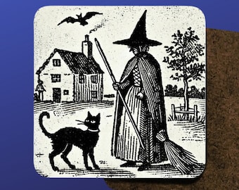 Witch & Black Cat Coasters: Vintage Woodcut Style, Set of 4