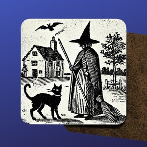 Witch Coasters x 4, Witch and Her Familiar, Black Cat, Old Woodcut, Witchy Gifts, Pagan Gift, Wicca Drinks Mats, Wicca Gifts Wiccan Coasters