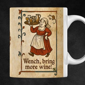 Caneca de vinho &quot;Wnch Bring More&quot;, caneca estilo medieval, presente engraçado para apreciadores de vinho, manuscrito medieval, decoração de bar, presentes históricos, café medieval