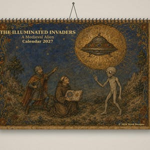 May include: A wall calendar titled THE ILLUMINATED INVADERS A Medieval Alien Calendar 2027. The cover features a medieval-style illustration of a knight and a monk observing a flying saucer and an alien in a starry blue landscape with gold borders.