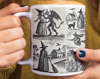 Woodcut Witch Mug, Witch Kissing the Devil, Dark Academia, Medieval Art, Wiccan Gifts, Witchy Gifts, Witchcraft Mug, Pendle Witch Trials